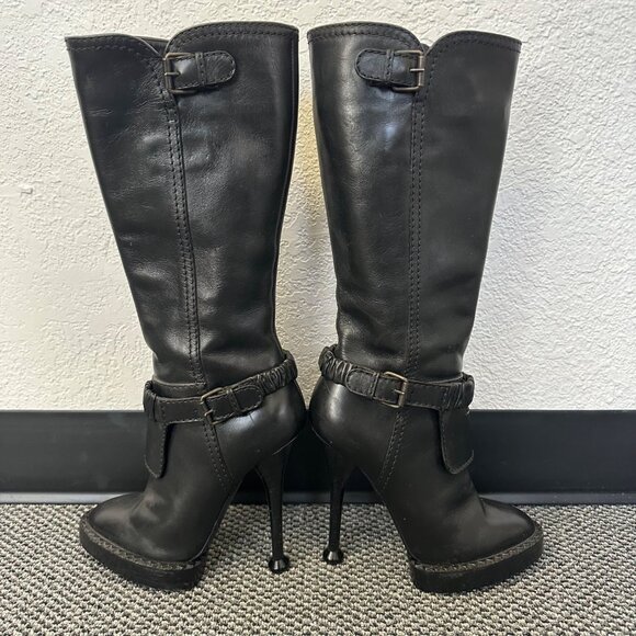 Kenzo Leather Tall Boots Black High Heel Platform Size 37 Going Out Dressy - Picture 5 of 15